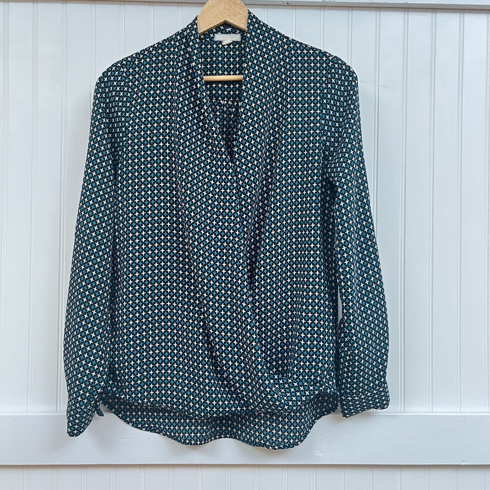 Geometric Blouse Wmns Office Siren Career Blue Long Sleeve V-Neck S Classy Glam